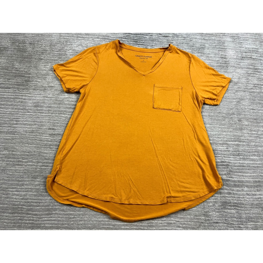 Grace + Karma T-Shirt Womens L Mustard Essential Tee V-Neck Pocket High-Low Hem